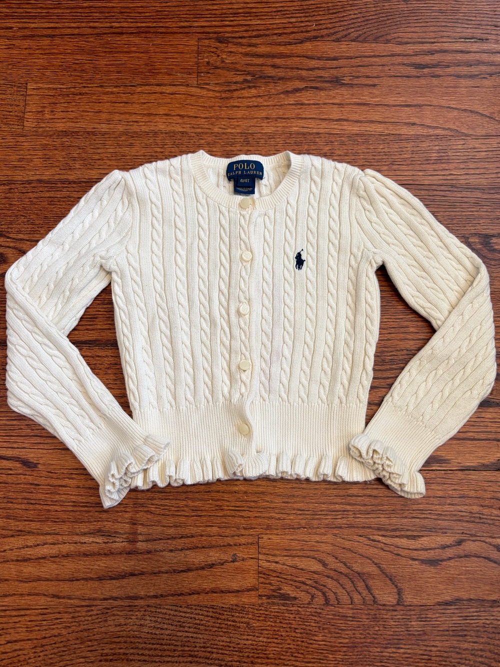Polo Ralph Lauren Toddler Girl Cream Cable Knit Cardigan Size 4/4T Ruffle Hem